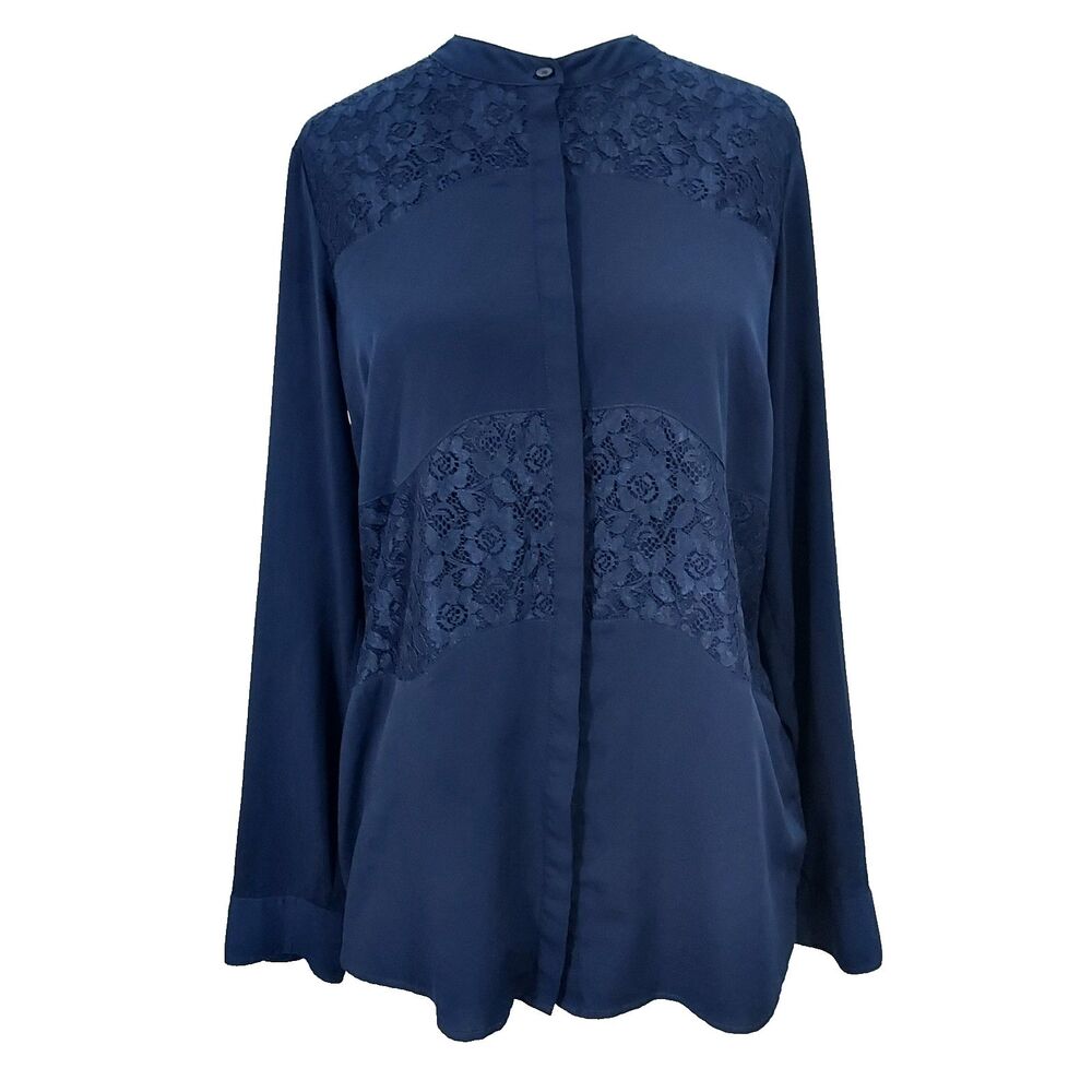 Ana A New Approach Long Sleeve Button Up Shirt Top Women Size L T Navy Blue Lace